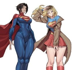 2girls big_breasts black_hair blonde_female blonde_hair blue_bodysuit bodysuit breasts cape clothed clothes clothing coat curvaceous curvaceous_body curvaceous_female curvaceous_figure curvaceous_hips curvy curvy_body curvy_female curvy_figure curvy_hips dc dc_comics dc_extended_universe dceu dcu dual_persona female female_focus female_only kara_zor-el large_breasts mg991998 milly_alcock multiple_girls sasha_calle short_hair skirt supergirl supergirl_(dcu) supergirl_(milly_alcock) supergirl_(sasha_calle) superhero superheroine superman_(2025) superman_(series) the_flash_(2023) the_flash_(series) thick_thighs thighs tight_clothing trenchcoat