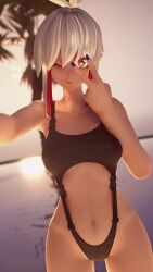 bare_shoulders black_one-piece_swimsuit blue_nails breasts casual_one-piece_swimsuit center_opening collarbone dark-skinned_female dark_skin female hair_between_eyes highleg highleg_swimsuit looking_at_viewer medium_breasts multicolored_hair nail_polish navel ocean one-piece_swimsuit one_eye_closed outdoors palm_tree red_eyes red_hair revealing_clothes short_hair sidelocks smile solo streaked_hair sun sunset swimsuit tan tongue tongue_out tree two-tone_hair v v_over_eye white_hair