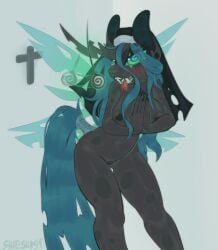 alicorn anthro ass big_breasts big_butt black_body black_nipples black_spots black_vulva blush breasts changeling equid equine fangs female female_anthro friendship_is_magic genitals green_eyes green_hair hair hasbro hi_res horn horse hypnosis hypnotic_eyes hypnotic_visor insect_wings looking_at_viewer mammal mind_control my_little_pony mythological_creature mythological_equine mythology nipple_piercing nipples nude nude_anthro nude_female nun piercing pony ponytail prayer_hands queen_chrysalis_(mlp) red_tongue shieshuqqq solo solo_focus spots teeth thick_thighs tongue tongue_out vulva wide_hips wings