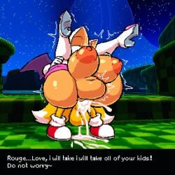 ai_generated big_ass bigger_female carrying cum dialogue female female_focus green_hill_zone hidden_face huge_belly huge_breasts impregnation lot_of_cum miles_tails_prower night pregnant reverse_stand_and_carry_position rouge_the_bat sex smaller_male sonic_(series) tails_the_fox thick_thighs voluptuous voluptuous_female