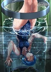 ai_(foxeye) asphyxiation blue_hair blue_port:_the_summer_memories bound bound_ankles breasts captured closed_eyes collarbone drowning female foxeye_(artist) hanged hanging hanging_upside_down one-piece_swimsuit original original_character partially_submerged peril rope school_swimsuit small_breasts swimsuit torture underwater upside-down water_tank water_torture