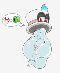 acstlu animate_inanimate anus ass balls big_butt bonneter cappy_(mario) femboy gay ghost hat huge_butt inviting looking_back male mammal mario_(series) monster_femboy nintendo red_eyes simple_background solo spirit spread_ass spreading super_mario_odyssey video_games yaoi