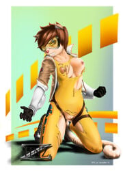 2016 abstract_background anthro anthrofied areola breasts clitoris clothing erect_nipples eyewear feline female game_(disambiguation) goggles higthnekohnz kneeling mammal nipples overwatch pose pussy solo tail teeth torn_clothing tracer transformation video_games yellow_clothing