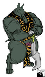 anubian_jackal big_muscles bulge canine clothing digitigrade flaccid jackal khopesh loincloth male male_only mammal melee_weapon muscular muscular_arms muscular_male paws penis penis_base small_head sword thick_neck thick_thighs vest weapon xatanlion