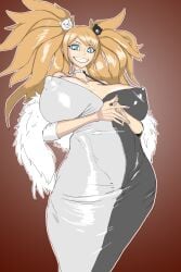 1girls anythinggoes big_breasts black_and_white_clothing blonde_female blonde_hair breasts breasts_bigger_than_head clothed clothed_female clothing danganronpa danganronpa:_trigger_happy_havoc dress erect_nipples evening_gown female female_only junko_enoshima nipple_bulge nipples no_bra smile smiling solo solo_female that_one_random_junko_dress_trend thighs