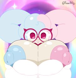 big_breasts big_nipples blue_and_red_hair blue_hair breasts cookie_run cookie_run_kingdom glasses marshmallow_bunny_cookie phony863_(artist) pink_hair red_eyes white_dress