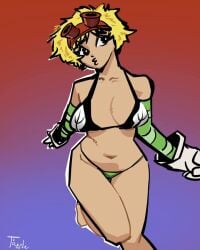 bikini black_eyes blonde_hair blue_background gloves goggles goggles_on_head gradient_background humanized legs_up micro_bikini navel plants_vs_zombies pvzlatam red_background short_hair solar_flare_(pvz) striped_sleeves white_gloves