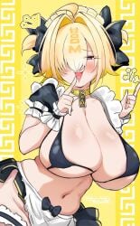 black_bikini blush elegg_(nikke) goddess_of_victory:_nikke huge_breasts index_finger_raised maid_bikini maid_headdress naughty_face shushing smile unconventional_maid