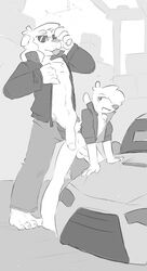 anthro canine cervine clothed clothed_sex clothing deer dier_von_dan grand_theft_auto greyscale large_dom male male_only mammal monochrome puppysky rockstar_games sex size_difference sketch smaller_sub spinater vehicle video_games yaoi