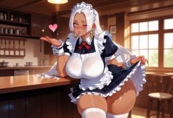 1girls ai_generated apron balecxi bar_(place) bar_stool black_dress blowing_kiss blush boa_hancock breasts brown_eyes cafe clothes_lift clothing counter curvaceous curvaceous_female curvaceous_figure curvy curvy_figure dark-skinned_female dark_skin dress dress_lift earrings enmaided female female_focus frilled_apron frills headdress headwear hoop_earrings indoors inviting inviting_to_sex jewelry large_breasts legwear lifted_by_self lips long_hair looking_at_viewer lunarian maid maid_apron maid_headdress one_eye_closed one_piece one_piece:_egghead_arc presenting presenting_breasts presenting_self puffy_short_sleeves puffy_sleeves ribbon s-snake_(one_piece) seductive seductive_look seductive_smile seraphim_(one_piece) short_dress short_sleeves skindentation smile solo stool thick_thighs thighhighs thighs uniform voluptuous voluptuous_female white_apron white_hair white_legwear white_thighhighs window wrist_cuffs yellow_eyes zettai_ryouiki