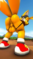 1boy 2_tails animal_mask anthro ass backsack balls bedroom_eyes bent_over big_butt bottomless bottomless_male canid canine clothed clothing fishnet_clothing fishnet_legwear fox genitals hi_res legwear looking_back low-angle_view male male_only mammal mask miles_tails_prower narrowed_eyes penis potatermino presenting presenting_hindquarters pup_mask red_fox seductive sega solo sonic_(series) sonic_the_hedgehog_(series) standing tails_the_fox thick_thighs true_fox