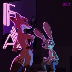 2017 absurd_res anthro barefoot beverage breasts canine closed_eyes clothed clothing dipstick_ears dipstick_tail disney duo erection fanartiguess fox gloves_(marking) halter_top hands_on_hips hi_res holding_object inside judy_hopps lagomorph mammal markings multicolored_tail nick_wilde nude pants penis purple_eyes rabbit rear_view shot_glass sign sitting small_breasts smile socks_(marking) sofa standing zootopia