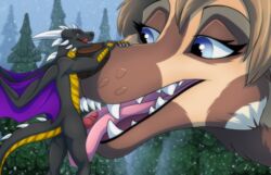 african_wild_dog anrhok anthro black_scales blue_eyes brown_fur canine dragon eyelashes fangs fellatio female fur furrypur larger_female licking male mammal multicolored_fur oral original_character penis red_eyes scales sex size_difference smaller_male snow straight tan_fur tongue tongue_out white_fur wings yellow_scales zetsin