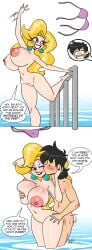 1boy 1girls aeolus06 areola areolae belly_button big_areola big_breasts bikini_top black_hair blonde_hair blush breast_grab breasts dialogue duo ear_piercing earrings english_text eyeshadow female hand_on_breast helluva_boss huge_breasts kissing_cheek lipstick long_hair makeup male male/female martha_(helluva_boss) naked navel nude piercing pool profanity pussy sex skinny_dipping standing_in_water text vagina water