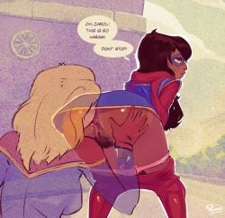 age_difference anilingus ass_lick black_hair blonde_hair captain_marvel carol_danvers dark-skinned_female female grabbing_ass groping groping_ass kamala_khan marvel mask ms._marvel ms._marvel_(kamala_khan) muslim muslim_female pakistani_female pinafore_(artist) rimjob rimming speech_bubble spread_anus spread_ass superheroine yuri