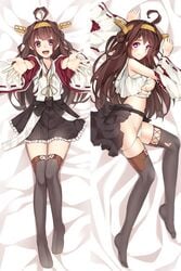 ahoge bed_sheet black_legwear black_skirt blush breasts brown_hair dakimakura dakimakura_design detached_sleeves double_bun female headgear kantai_collection kongou_(kantai_collection) long_hair looking_at_viewer multiple_views nipples nontraditional_miko on_back on_side open_mouth pantsu remodel_(kantai_collection) ribbon-trimmed_sleeves ribbon_trim sarashi skirt smile thighhighs thighs torn_clothes torn_skirt torn_thighhighs underwear veilrain white_panties white_underwear zettai_ryouiki