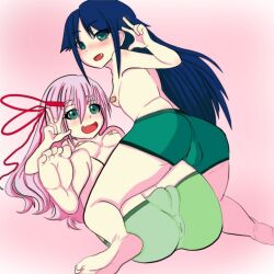 2girls ass bandaid barefoot bike_shorts blue_hair blush breasts cameltoe feet female gradient green_eyes long_hair multiple_girls open_mouth pasties pink_hair small_breasts soles toes topless