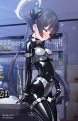 absurdres black_hair blue_archive blush bodysuit box butterfly_hair_ornament cardboard_box chains chastity_belt chastity_bra clock covered_navel cowboy_shot desk digital_clock eyes_visible_through_hair female grey_eyes hair_bun hair_ornament heart highres indoors kisaki_(blue_archive) latex latex_bodysuit lock looking_at_viewer maguro27 metal_arm_cuffs metal_wrist_cuffs night padlock shelf solo thigh_cuffs translation_request trembling twitter_username