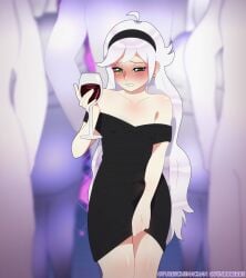 1boy 1femboy 2023 artist_name bare_shoulders biting_lip biting_own_lip blush bodycon bulge crossdressing earrings embarrassed femboy femboy_focus girly grabbing_dress green_eyes hairband lip_biting male male_focus nipple_bulge original original_character pale_skin pale_skinned_femboy pale_skinned_male precum_through_clothing pureschiinachan white_hair wine wine_glass