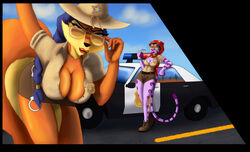 2017 amber_eyes anthro astraldog blue_hair breasts canine carmelita_fox cleavage clothed clothing duo feline female fox fur hair mammal neyla orange_fur pussy sly_cooper_(series) smooth_fur stripes tiger video_games