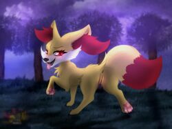 anus ass astralia_(art) canid canine duo female fennekin feral fox fur generation_6_pokemon genitals grass hi_res mammal nintendo open_mouth pawpads paws plant pokemon pokemon_(species) rear_view red_body red_eyes red_fur solo_focus tongue tree vulva watermark yellow_body yellow_fur