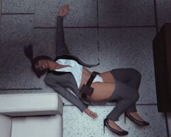 3d 3d_(artwork) absurd_res asphyxiated ass belt braless brown_hair brown_hair_female corpse dark-skinned_female dead death female_focus female_only girlsassassin grand_theft_auto grand_theft_auto_online grand_theft_auto_v high_heels high_resolution imminent_necrophilia lying_on_floor nameless_character no_bra pants_down policewoman short_hair source_request strangled strangulation tongue_out unnamed_character white_panties wide_hips