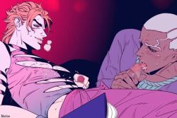 2boys blur_censor blush colored cum_on_breasts cum_on_face dio_brando enrico_pucci fully_clothed gay handjob heavy_breathing interracial jojo's_bizarre_adventure male_only marion muscular_male oral_sex penis_lick stone_ocean yaoi