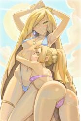 2girls arms arms_up armwear ass beach belly_piercing bikini blonde_hair blue_slingshot_swimsuit bracelet breasts daughter ear_piercing earrings green_eyes jewelry lillie_(pokemon) long_hair looking_back lusamine_(pokemon) mature_female mature_woman milf mother mother_and_daughter multiple_girls navel_piercing necklace neckwear nintendo pierced_belly_button piercing pink_bikini pokemon pokemon_sm ponytail slingshot_swimsuit small_breasts sun swimsuit thigh_strap thighs yugen99 yuri