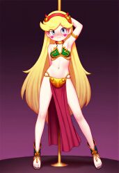 1girl ai_generated blushing crossover crossover_cosplay devil_horns disney disney_channel frowning hand_behind_back hand_behind_head hearts_on_cheeks long_yellow_hair pole_dancing red_hairband slave_bikini slave_leia_(cosplay) solo_female star_butterfly star_vs_the_forces_of_evil star_wars stripper_pole wavy_mouth