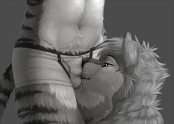 2017 anthro bulge canine clothing crotch_sniffing digital_media_(artwork) duo feline fur greyscale male mammal monochrome mutt_(character) navel striped_fur stripes tiger underwear wagnermutt yaoi yekkusu