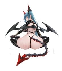 ass azur_lane black_thighhighs blue_hair boots breasts cg dragon_girl dragon_horns dragon_tail dragon_wings female from_behind full_body gloves horns large_breasts long_hair looking_at_viewer looking_back mechanical_horns mechanical_tail open_mouth panties parted_lips pointy_ears regensburg_(azur_lane) simple_background sitting slap_mark solo squatting tail thigh_boots thighhighs thong twintails underwear white_background wings yellow_eyes