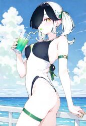 ai_generated albino arm_strap bangs_over_one_eye bikini black_bikini black_hair black_swimsuit caucasian_female civitai cookiasncream emo emo_hair emo_haircut female green_lips green_lipstick hilda_esmíc_(character) kaybur_(series) la_gran_guerra_(series) light_skinned_female stockings stockings_thigh_highs strap swimsuit twintails white_hair white_skin white_skinned_female white_swimsuit yellow_eyes