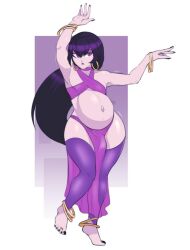 anklet armpits bangle barefoot black_hair bracelet breasts colored_skin dancer earrings female hoop_earrings jewelry long_hair nail_polish navel neck_ring pelvic_curtain purple_eyes ring solo standing standing_on_one_leg toe_ring toenail_polish toenails toes wide_hips