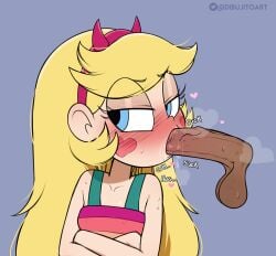 angry blowjob blue_eyes dark_penis dark_skin dibujito heart horny looking_away musk penis penis_poke saliva star_butterfly sucking_penis sweat text yellow_hair