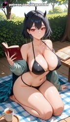 1girls 2025 ai_assisted ai_generated anime artist_name bare_shoulders barefoot big_breasts big_chest bikini black_bikini black_clover black_hair blush book book_stack bookmark breast breasts bush bust busty checkered checkered_floor chest clipboard coffee coffee_mug collarbone covered_nipples cup day demon_horns explicit female floating_object hi_res high_quality high_resolution highres holding_book horns jacket large_breasts map menu mug navel off_shoulder open_book patreon patreon_username reading red_eyes saucer secre_swallowtail short_hair sitting skypassion solo stable_diffusion swimsuit table tail teacup teapot tray tree watermark