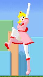 belt blonde_hair boots bow crown dress exposed_pussy fully_clothed gloves happy happy_female heart_shaped_pubes hearts_in_eyes jumping long_hair original princess princess_peach pussy pussy_shot ribbon smile stockings thighhighs white_panties wink