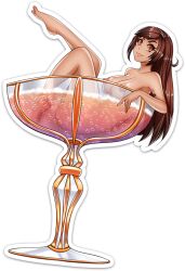 1girls breasts brown_eyes brown_hair champagne female freckles long_hair medium_breasts naked naked_female nipple_piercing nutaku piercings robin_(sexy_exile) sexy_exile