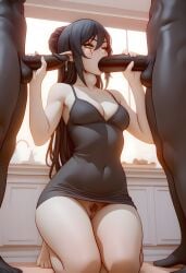 ai_generated black_dress black_hair blowjob dark-skinned_male erophoenix green_eyes handjob indie_virtual_youtuber kitchen layna_lazar multiple_boys no_bra no_panties pale-skinned_female pale_skin virtual_youtuber