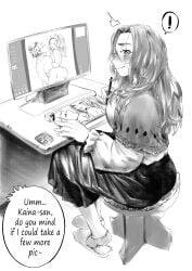 1boy 1girls amano44 black_and_white caught computer female glasses izuku_midoriya kaina_tsutsumi lady_nagant long_hair male male_pov my_hero_academia older_female scars standing_sex time_skip younger_male