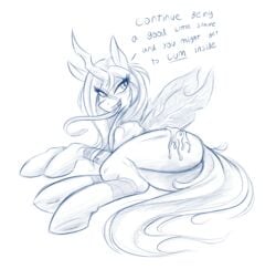 2017 ambris ass bedroom_eyes blush changeling cum dialogue english_text fangs female friendship_is_magic half-closed_eyes horn long_tongue lying monochrome my_little_pony queen_chrysalis_(mlp) seductive slit_pupils solo text tongue wings