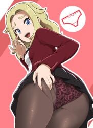 absurdres ass black_pantyhose blonde_hair blue_eyes blush come_hither fellatio_gesture female highres i_b_(yaun2242) jacket lass_(pokemon) lass_(pokemon_swsh) long_hair long_sleeves looking_at_viewer miniskirt necktie nintendo open_mouth oral_invitation panties panties_over_pantyhose pantyhose pleated_skirt pokemon pokemon_swsh school_uniform shirt short_necktie skirt smile solo underwear white_shirt