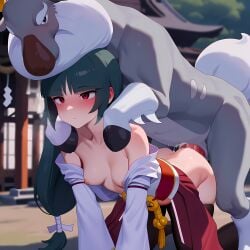 1boy 1girls ai_generated all_fours black_hair bored breasts clothed_sex dadfox doggy_style female functionally_nude kimono male new_years_sabrina_(pokemon_masters) off_shoulder outdoors partially_clothed pokemon pokemon_masters pokemon_rgby pokephilia red_eyes sabrina_(pokemon) sex sex_from_behind thighhighs wyrdeer