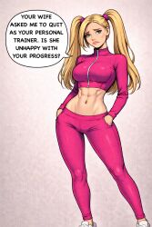 abs ai_generated bimbo bimbo_lips blonde_female blonde_hair cropped_jacket cswiz dissappointed_look fit_female hands_in_pockets homewrecker leggings looking_at_viewer pink_clothing plump_lips sad_expression sad_face tagme talking_to_viewer twintails zipper