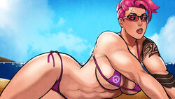 2d abs bikini blizzard_entertainment breasts cleavage female female_only muscles muscular_female overwatch pink_hair reinbach solo tattoo zarya