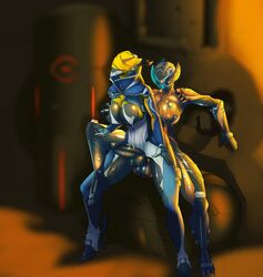 alien anal anal_sex balls breast_grab breasts dickgirl futa_on_futa futa_only futanari hand_on_breast intersex intersex/intersex lewdreaper mesa_(warframe) nipples penetration penis riding sitting tenno valkyr_(warframe) video_games warframe