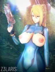 1girls 3d 3d_(artwork) beauty_mark big_breasts blonde_hair blue_bodysuit blue_eyes bodysuit breasts breasts_out breasts_out_of_clothes breasts_outside closed_mouth covered_collarbone covered_navel curvy curvy_body curvy_female curvy_figure female forest forest_background gun hair_between_eyes hair_tie hand_up handgun high_ponytail holding holding_gun holding_weapon holster huge_breasts large_breasts lips long_hair long_sleeves looking_at_breasts metroid mole mole_under_mouth nintendo ponytail samus_aran shiny_clothes skin_tight solo solo_focus torn_clothes torn_clothing turtleneck weapon wide_hips z3laris zero_suit