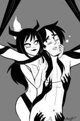 ashi_(samurai_jack) black_hair blush bondage breasts canon_couple daughters_of_aku female femdom horns male malesub monochrome nude restrained samurai_jack samurai_jack_(character) smile straight