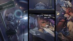 16:9 anthro biped blush bovid caprine clothed clothing detailed_background dialogue duo erection felid feline female fingers fur genitals glans goat hair hi_res horn humanoid_genitalia humanoid_penis male mammal penis sincrescent standing teeth text widescreen