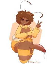 4:5 absurd_res antennae_(anatomy) anthro arthropod arthropod_abdomen balls bee big_penis black_eyes blep bodily_fluids bottomless bottomless_anthro bottomless_male brown_hair clothed clothing clothing_lift cum cum_drip dripping erection femboy freckled_face freckles genital_fluids genitals gesture hair hand_gesture hi_res humanoid_genitalia humanoid_penis hymenopteran insects long_sleeves looking_at_viewer male mazus_(tinysmallman) noseless penis solo sweater sweater_lift thick_penis thick_thighs tinysmallman tongue tongue_out topwear turtleneck v_sign yellow_body