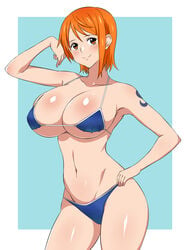 bare_arms bare_shoulders bikini bikini_top blush breasts brown_eyes cleavage cowboy_shot curvy female female_only highres hips huge_breasts kagemusha large_breasts looking_at_viewer nami navel one_piece orange_eyes orange_hair shiny shiny_skin short_hair shounen_jump solo spöp stomach swimsuit tattoo thick_thighs thighs wide_hips